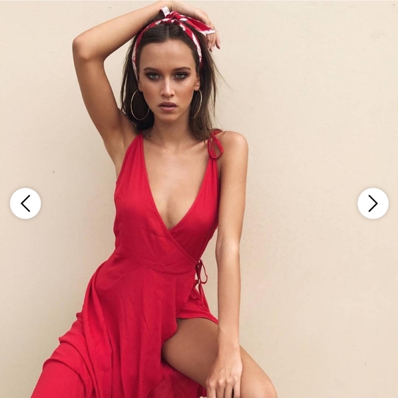 Mink Pink wrap midi dress Red S XS strappy tie waist frill hem cocktail v-neck - Picture 3 of 11